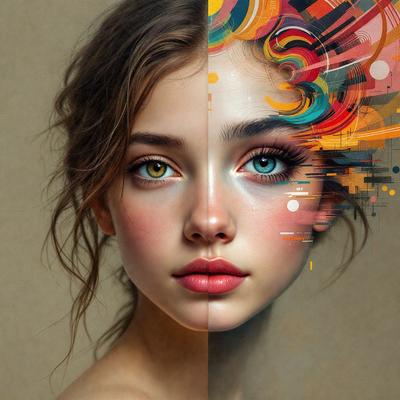 The primary subject of the image is a woman with two different colored eyes. One eye is blue, and the other is green. The setting is a room with a brown wall, and the visual style is a digital art or illustration. The colors and mood of the image are vibrant and lively, with the woman's unique eye color being the focal point.